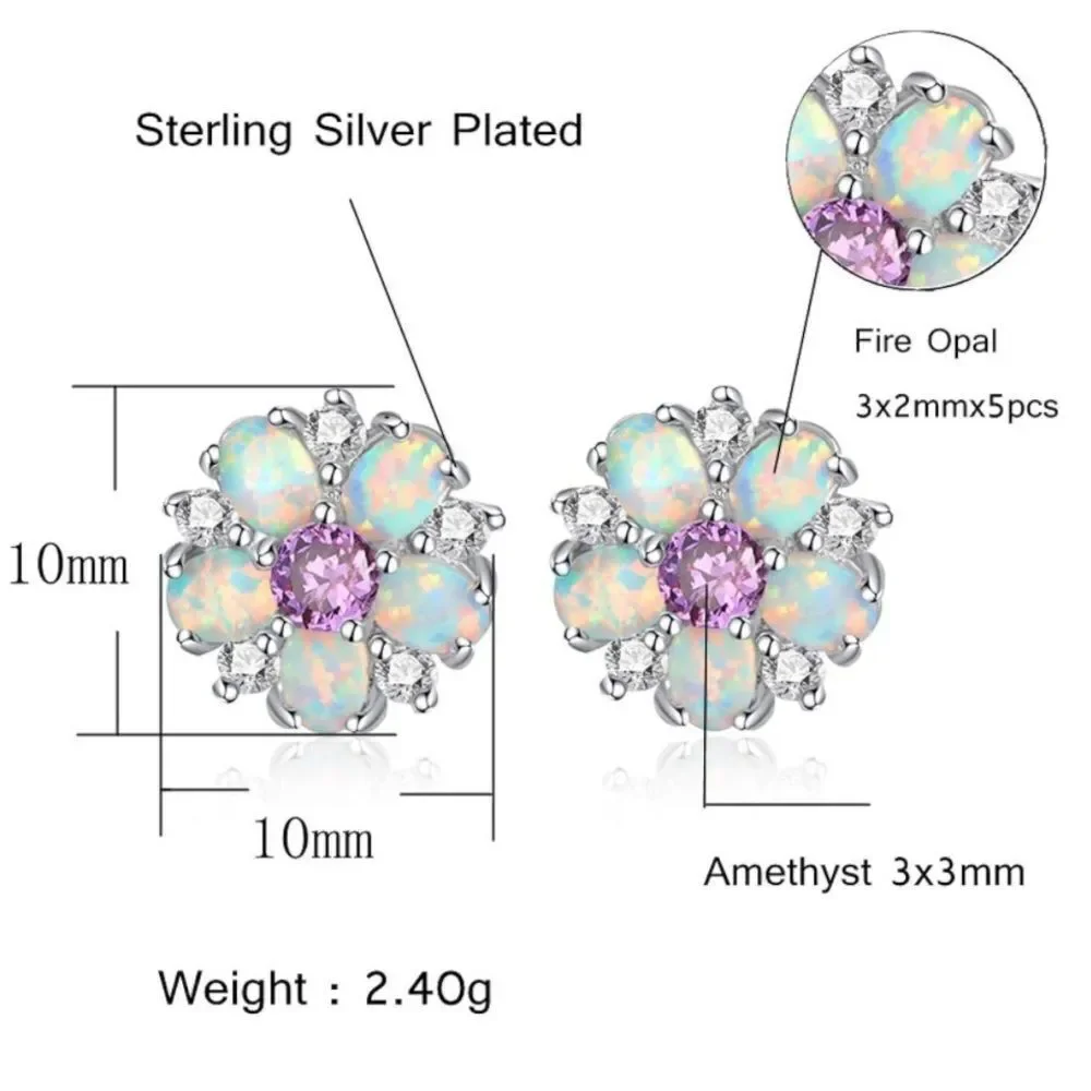 .925 Sterling Silver with White Fire Opal and Amethyst Flower Stud Earrings